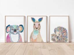 Set Of 3 Prints, Australian Native Print Set, Animal Print, Koala Kangaroo Echidna Wall Decor, Set - thumbnail 1