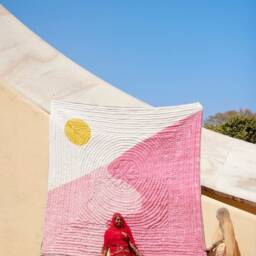 Handmade Kantha-stitched Cotton Quilt Pink Block Print Indian Bedspread - thumbnail 2
