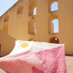 Handmade Kantha-stitched Cotton Quilt Pink Block Print Indian Bedspread - thumbnail 4
