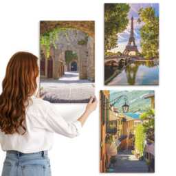Canvas Art Set Of 3 - Beautiful Streets, Historic Architecture, Eiffel Tower, Brown Print, Travels Wall Decor - thumbnail 3