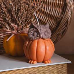 Handmade Owl Pumpkin Candle, Fall Festive Scented Soy Candle - thumbnail 2