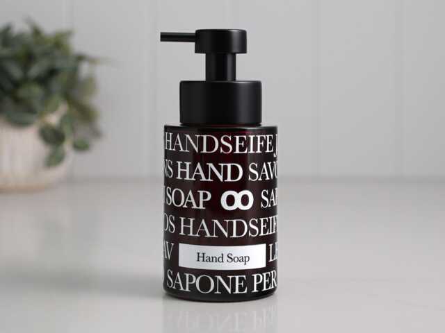 Amber Glass Soap Dispenser 250Ml With Multilingual Text Wrap, Refillable Pump Bottle, Choice Of 7 Labels For Bathroom Or Kitchen - image 1
