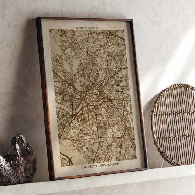 Manchester, England Map - Vintage Beige Detailed Print United Kingdom Wall Art Travel Gift - image 1