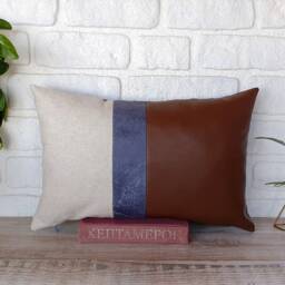 Color Block Lumbar Pillow Cover Beige Linen, Brown & Blue Faux Leather - thumbnail 3