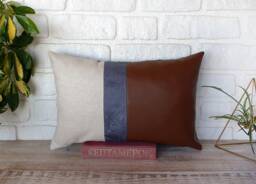 Color Block Lumbar Pillow Cover Beige Linen, Brown & Blue Faux Leather
