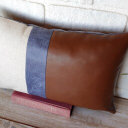 Color Block Lumbar Pillow Cover Beige Linen, Brown & Blue Faux Leather - thumbnail 2