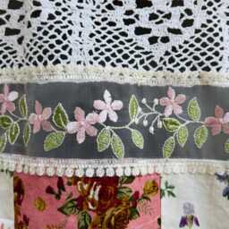 Handmade Floral Lace Curtain Valance - Shabby Chic Patchwork Farmhouse Backdrop - thumbnail 4