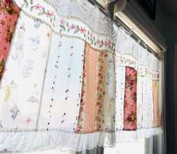 Handmade Floral Lace Curtain Valance - Shabby Chic Patchwork Farmhouse Backdrop - thumbnail 1
