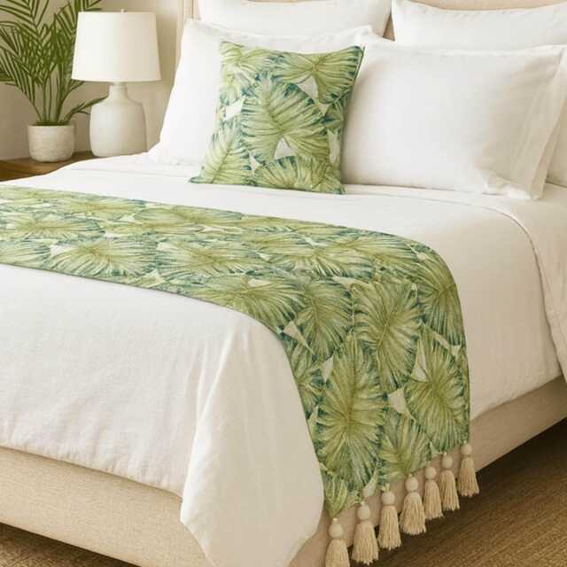 King/Queen Twin Green Bed Runner With Decorative Throw Pillow Cover, Linen Printed Embroidery, Floral Tropical - Feeling - image 1