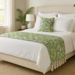 King/Queen Twin Green Bed Runner With Decorative Throw Pillow Cover, Linen Printed Embroidery, Floral Tropical - Feeling - thumbnail 3