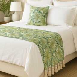 King/Queen Twin Green Bed Runner With Decorative Throw Pillow Cover, Linen Printed Embroidery, Floral Tropical - Feeling - thumbnail 1