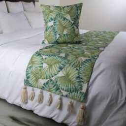 King/Queen Twin Green Bed Runner With Decorative Throw Pillow Cover, Linen Printed Embroidery, Floral Tropical - Feeling - thumbnail 2