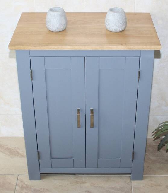 Slimline Oak Top - Grey Painted Cloakroom Vanity Cabinet Bathroom Unit 310G - image 1