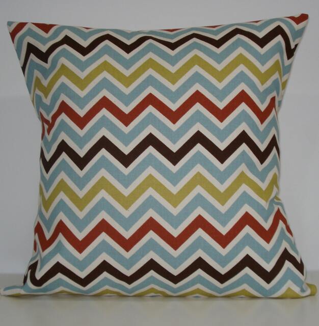 New 18x18 Inch Designer Handmade Pillow Case in Blue, Brown, Olive & Rust Zig Zag Chevron Pattern
