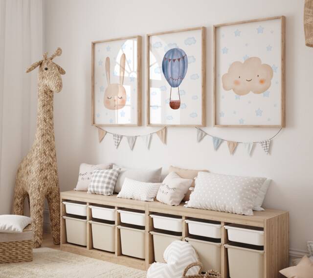 Hot Air Balloon Nursery Prints, Cloud Decor, Baby Boy Balloon, Set Of 3 Blue Watercolour Nursery, Neutral Decor - image 1