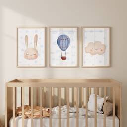 Hot Air Balloon Nursery Prints, Cloud Decor, Baby Boy Balloon, Set Of 3 Blue Watercolour Nursery, Neutral Decor - thumbnail 2