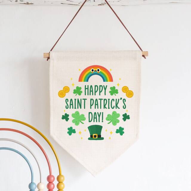 Happy Saint Patrick's Linen Flag Wall Art - St Day Celebration Fabric Bunting Rainbow & Four Leaf Clovers Hanging Decor - image 1