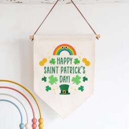 Happy Saint Patrick's Linen Flag Wall Art - St Day Celebration Fabric Bunting Rainbow & Four Leaf Clovers Hanging Decor - thumbnail 1