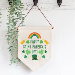 Happy Saint Patrick's Linen Flag Wall Art - St Day Celebration Fabric Bunting Rainbow & Four Leaf Clovers Hanging Decor - thumbnail 4