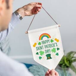 Happy Saint Patrick's Linen Flag Wall Art - St Day Celebration Fabric Bunting Rainbow & Four Leaf Clovers Hanging Decor - thumbnail 2