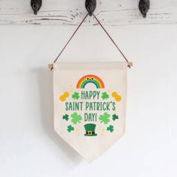 Happy Saint Patrick's Linen Flag Wall Art - St Day Celebration Fabric Bunting Rainbow & Four Leaf Clovers Hanging Decor - thumbnail 3
