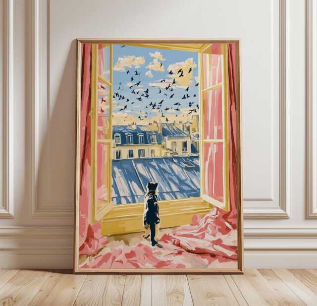 Paris Window View Poster, Cat Print, Cityscape Wall Art - image 1