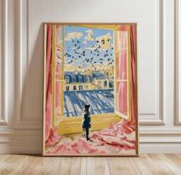 Paris Window View Poster, Cat Print, Cityscape Wall Art - thumbnail 1