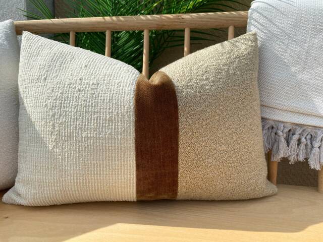 Ivory Boho & Beige Boucle Designer Pillowcase, Textured Pillow Cover, Euro Sham Brown Strip Cushion - image 1