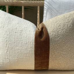 Ivory Boho & Beige Boucle Designer Pillowcase, Textured Pillow Cover, Euro Sham Brown Strip Cushion - thumbnail 2