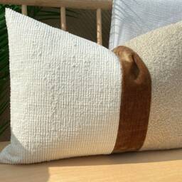 Ivory Boho & Beige Boucle Designer Pillowcase, Textured Pillow Cover, Euro Sham Brown Strip Cushion - thumbnail 3