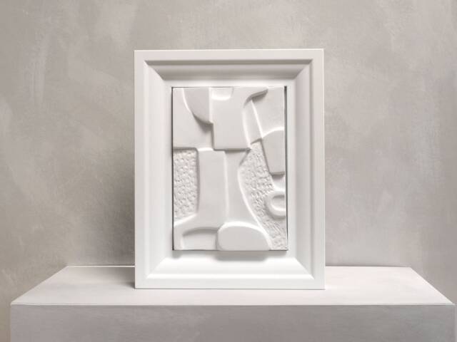 Geometric Plaster Sculpture Abstract Nature, Wabi Sabi Wall Art - Framed - image 1