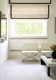 Cream Relaxed Roman Shade With Black Grosgrain Ribbon Border