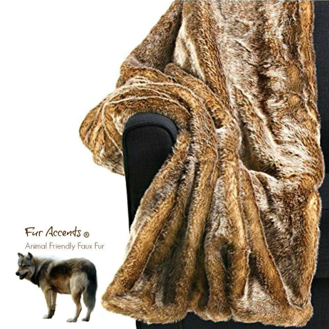 Plush Faux Fur Throw Blanket - Medium Brown Wolf, Minky Lining - image 1