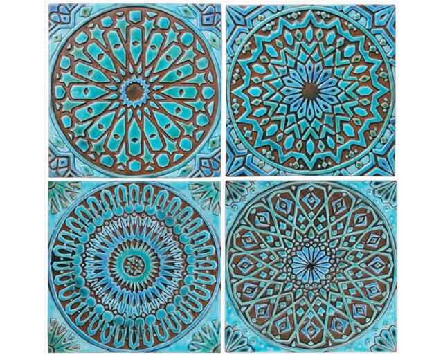 4 Moroccan Ceramic Tiles For Wall Art Decor, Outdoor Design, With Deep Relief, Garden Moroc Mix 30cm Turquoise - image 1