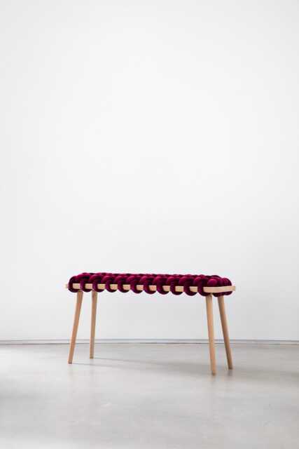Purple Burgundy Woven Bench Entryway - Handmade Beechwood Hallway Mudroom Bedroom Velvet Bench Statement - image 1