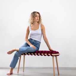 Purple Burgundy Woven Bench Entryway - Handmade Beechwood Hallway Mudroom Bedroom Velvet Bench Statement - thumbnail 2