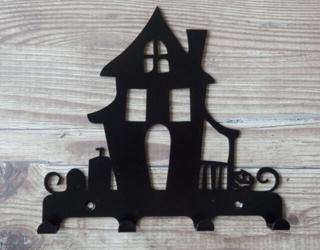 Haunted House With Graveyard & Pumpkin Silhouette Key Hook Rack - Metal Wall Art - image 1