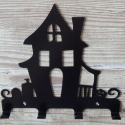 Haunted House With Graveyard & Pumpkin Silhouette Key Hook Rack - Metal Wall Art - thumbnail 3