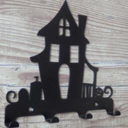Haunted House With Graveyard & Pumpkin Silhouette Key Hook Rack - Metal Wall Art - thumbnail 2