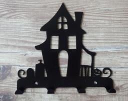 Haunted House With Graveyard & Pumpkin Silhouette Key Hook Rack - Metal Wall Art - thumbnail 1