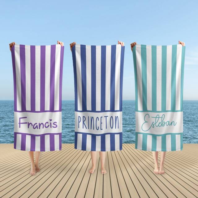 Personalized Striped Beach Towel With Name - Custom 30x60 Inch, Microfiber, Great Gift