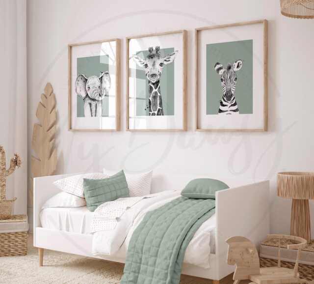Sage Green Nursery Wall Art Prints With Giraffe, Elephant & Zebra, Set Of 3 Safari Animal For Children's Bedroom, Decor - image 1
