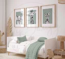 Sage Green Nursery Wall Art Prints With Giraffe, Elephant & Zebra, Set Of 3 Safari Animal For Children's Bedroom, Decor - thumbnail 1