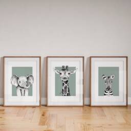 Sage Green Nursery Wall Art Prints With Giraffe, Elephant & Zebra, Set Of 3 Safari Animal For Children's Bedroom, Decor - thumbnail 3
