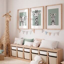 Sage Green Nursery Wall Art Prints With Giraffe, Elephant & Zebra, Set Of 3 Safari Animal For Children's Bedroom, Decor - thumbnail 2