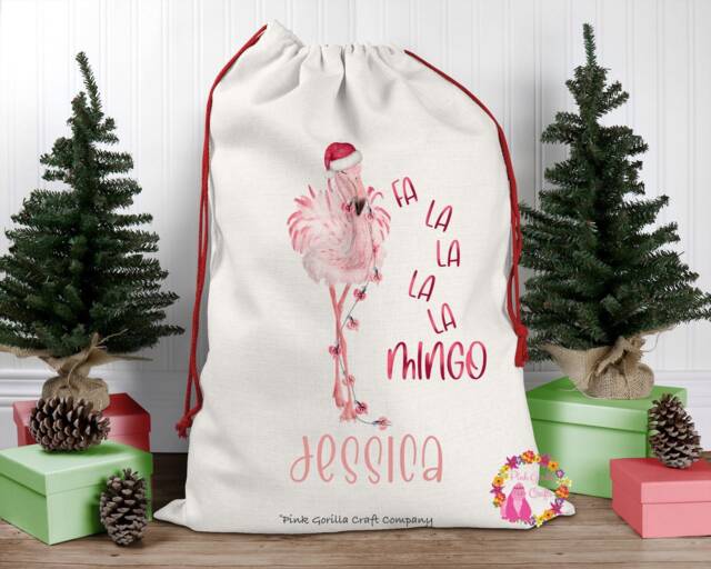 Christmas Sack, Santa Xmas Decoration, Personalised Gift, Bag, Custom Flamingo - image 1