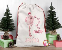 Christmas Sack, Santa Xmas Decoration, Personalised Gift, Bag, Custom Flamingo - thumbnail 1