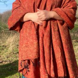 Handmade Yak Wool Blend Blanket Orange Oversized Shawl Meditation Wrap - thumbnail 3