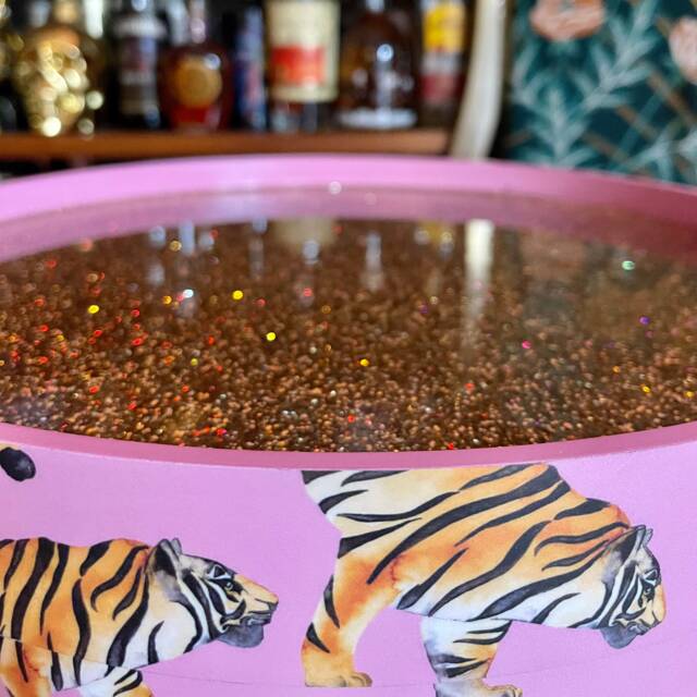 Bedside Table With Glitter Top. Light Pink Tiger Round Table. Fun Bright Home Decor . Ideal Nightstand Or Side Taller Legs - image 1