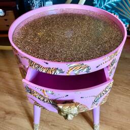 Bedside Table With Glitter Top. Light Pink Tiger Round Table. Fun Bright Home Decor . Ideal Nightstand Or Side Taller Legs - thumbnail 3